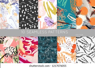 Collection of seamless patterns. Abstract design elements in set. Doodles with crayon and grunge texture roughly hand drawn.