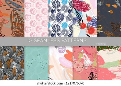 Collection of seamless patterns. Abstract design elements in set. Doodles with crayon and grunge texture roughly hand drawn.