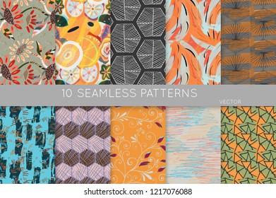 Collection of seamless patterns. Abstract design elements in set. Doodles with crayon and grunge texture roughly hand drawn.