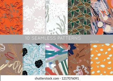 Collection of seamless patterns. Abstract design elements in set. Doodles with crayon and grunge texture roughly hand drawn.