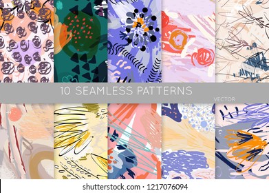 Collection of seamless patterns. Abstract design elements in set. Doodles with crayon and grunge texture roughly hand drawn.
