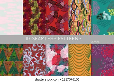 Collection of seamless patterns. Abstract design elements in set. Doodles with crayon and grunge texture roughly hand drawn.