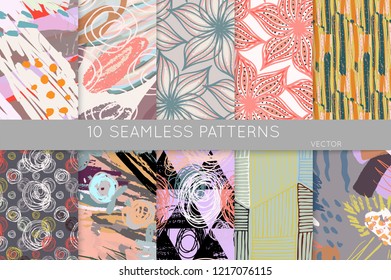 Collection of seamless patterns. Abstract design elements in set. Doodles with crayon and grunge texture roughly hand drawn.