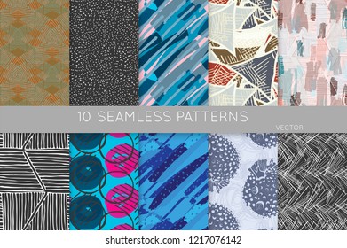 Collection of seamless patterns. Abstract design elements in set. Doodles with crayon and grunge texture roughly hand drawn.