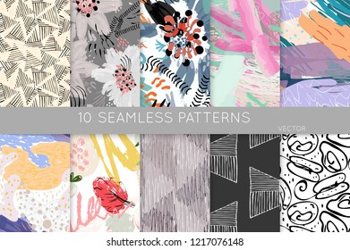 Collection of seamless patterns. Abstract design elements in set. Doodles with crayon and grunge texture roughly hand drawn.