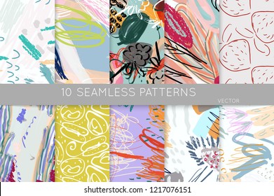 Collection of seamless patterns. Abstract design elements in set. Doodles with crayon and grunge texture roughly hand drawn.