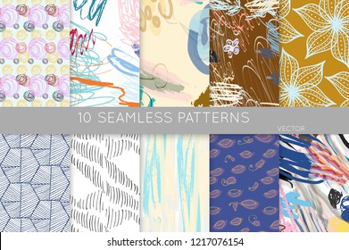Collection of seamless patterns. Abstract design elements in set. Doodles with crayon and grunge texture roughly hand drawn.