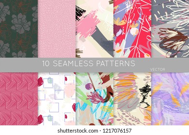 Collection of seamless patterns. Abstract design elements in set. Doodles with crayon and grunge texture roughly hand drawn.