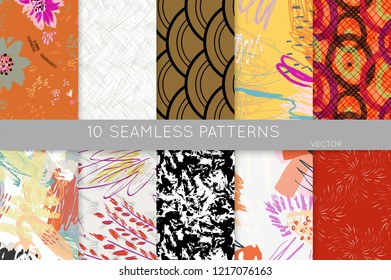 Collection of seamless patterns. Abstract design elements in set. Doodles with crayon and grunge texture roughly hand drawn.