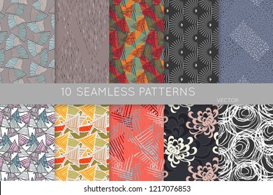 Collection of seamless patterns. Abstract design elements in set. Doodles with crayon and grunge texture roughly hand drawn.