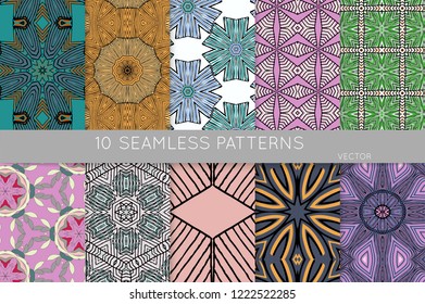 Collection of seamless patterns. Abstract design elements in set. Colored decorative repainting background with tribal and ethnic motifs 