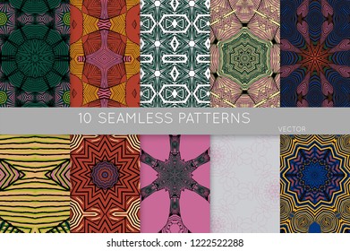 Collection of seamless patterns. Abstract design elements in set. Colored decorative repainting background with tribal and ethnic motifs 