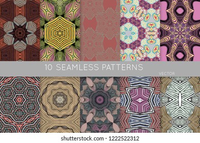 Collection of seamless patterns. Abstract design elements in set. Colored decorative repainting background with tribal and ethnic motifs 
