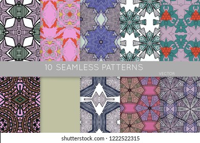 Collection of seamless patterns. Abstract design elements in set. Colored decorative repainting background with tribal and ethnic motifs 