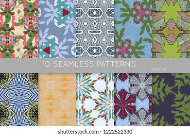 Collection of seamless patterns. Abstract design elements in set. Colored decorative repainting background with tribal and ethnic motifs 
