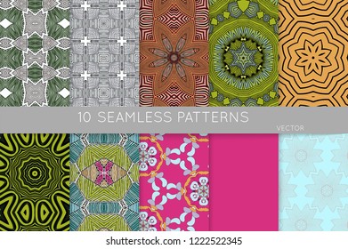 Collection of seamless patterns. Abstract design elements in set. Colored decorative repainting background with tribal and ethnic motifs 