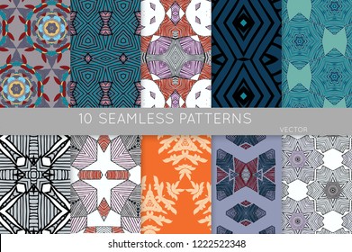 Collection of seamless patterns. Abstract design elements in set. Colored decorative repainting background with tribal and ethnic motifs 