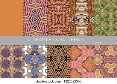 Collection of seamless patterns. Abstract design elements in set. Colored decorative repainting background with tribal and ethnic motifs 