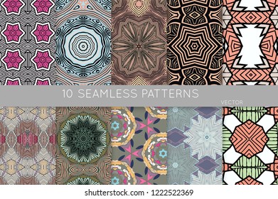 Collection of seamless patterns. Abstract design elements in set. Colored decorative repainting background with tribal and ethnic motifs 