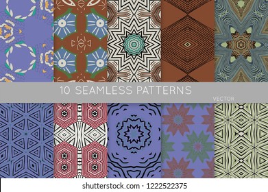 Collection of seamless patterns. Abstract design elements in set. Colored decorative repainting background with tribal and ethnic motifs 