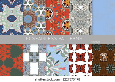 Collection of seamless patterns. Abstract design elements in set. Colored decorative repainting background with tribal and ethnic motifs 