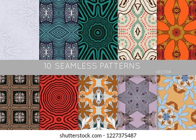 Collection of seamless patterns. Abstract design elements in set. Colored decorative repainting background with tribal and ethnic motifs 