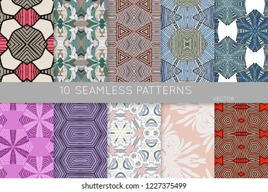 Collection of seamless patterns. Abstract design elements in set. Colored decorative repainting background with tribal and ethnic motifs 