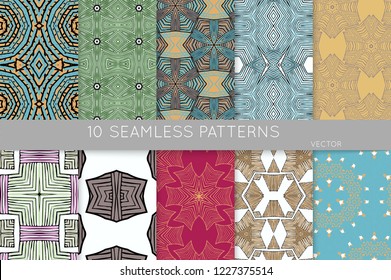 Collection of seamless patterns. Abstract design elements in set. Colored decorative repainting background with tribal and ethnic motifs 