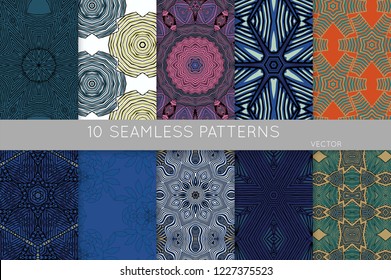 Collection of seamless patterns. Abstract design elements in set. Colored decorative repainting background with tribal and ethnic motifs 