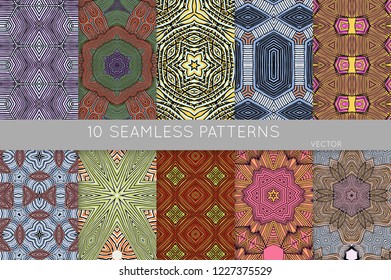 Collection of seamless patterns. Abstract design elements in set. Colored decorative repainting background with tribal and ethnic motifs 