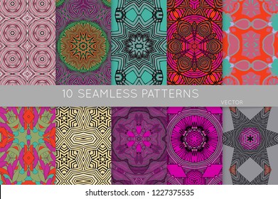 Collection of seamless patterns. Abstract design elements in set. Colored decorative repainting background with tribal and ethnic motifs 