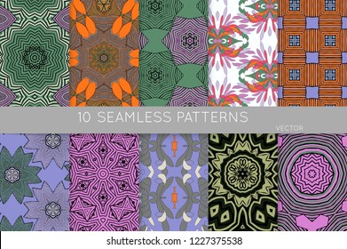 Collection of seamless patterns. Abstract design elements in set. Colored decorative repainting background with tribal and ethnic motifs 