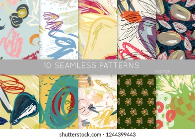 Collection of seamless patterns. Abstract design elements in set. Doodles with crayon and grunge texture roughly hand drawn.