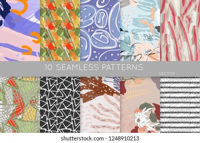 Collection of seamless patterns. Abstract design elements in set. Doodles with crayon and grunge texture roughly hand drawn.