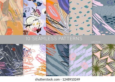 Collection of seamless patterns. Abstract design elements in set. Doodles with crayon and grunge texture roughly hand drawn.