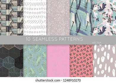 Collection of seamless patterns. Abstract design elements in set. Doodles with crayon and grunge texture roughly hand drawn.