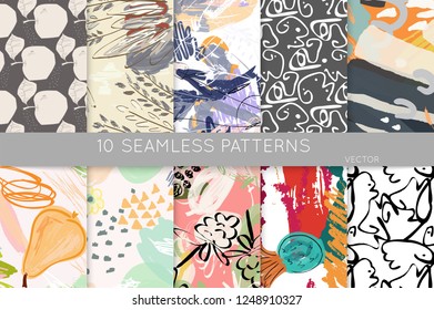 Collection of seamless patterns. Abstract design elements in set. Doodles with crayon and grunge texture roughly hand drawn.