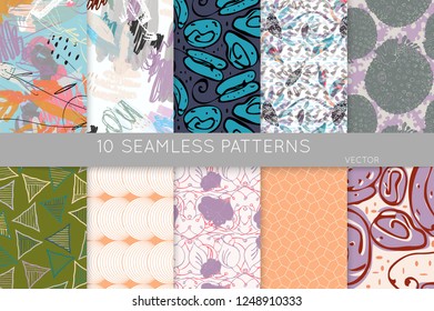 Collection of seamless patterns. Abstract design elements in set. Doodles with crayon and grunge texture roughly hand drawn.