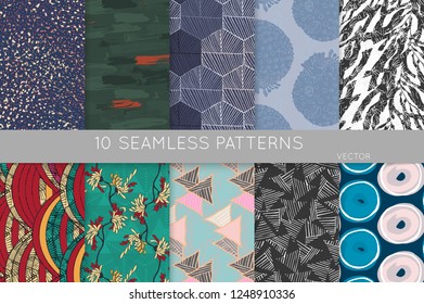 Collection of seamless patterns. Abstract design elements in set. Doodles with crayon and grunge texture roughly hand drawn.