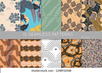 Collection of seamless patterns. Abstract design elements in set. Doodles with crayon and grunge texture roughly hand drawn.
