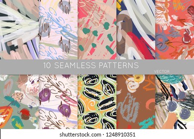 Collection of seamless patterns. Abstract design elements in set. Doodles with crayon and grunge texture roughly hand drawn.