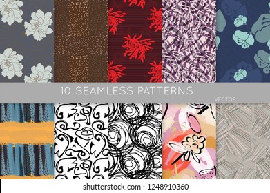 Collection of seamless patterns. Abstract design elements in set. Doodles with crayon and grunge texture roughly hand drawn.