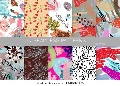 Collection of seamless patterns. Abstract design elements in set. Doodles with crayon and grunge texture roughly hand drawn.