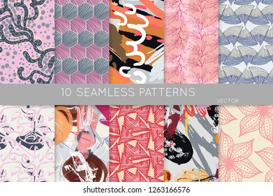 Collection of seamless patterns. Abstract design elements in set. Doodles with crayon and grunge texture roughly hand drawn.