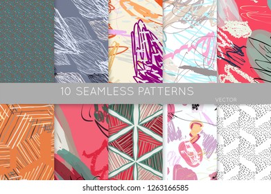 Collection of seamless patterns. Abstract design elements in set. Doodles with crayon and grunge texture roughly hand drawn.