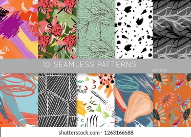 Collection of seamless patterns. Abstract design elements in set. Doodles with crayon and grunge texture roughly hand drawn.