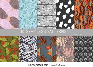 Collection of seamless patterns. Abstract design elements in set. Doodles with crayon and grunge texture roughly hand drawn.
