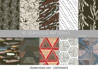 Collection of seamless patterns. Abstract design elements in set. Doodles with crayon and grunge texture roughly hand drawn.