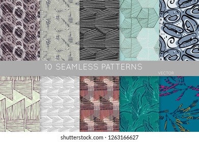 Collection of seamless patterns. Abstract design elements in set. Doodles with crayon and grunge texture roughly hand drawn.