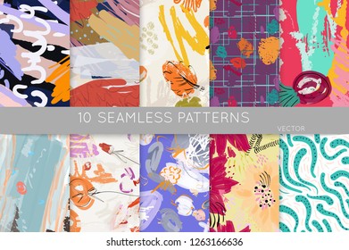 Collection of seamless patterns. Abstract design elements in set. Doodles with crayon and grunge texture roughly hand drawn.